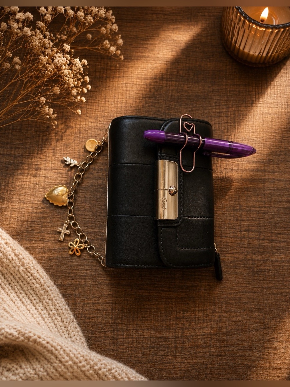 Coach Black Leather Wallet with Charm Chain and Purple Pen